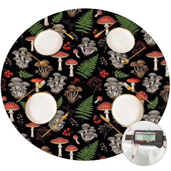 Mushroom and Berry Black Pattern Round Fitted Tablecloth with Elastic Edge, Waterproof Dining Table Cover for Indoor Outdoor Camping and Daily Use