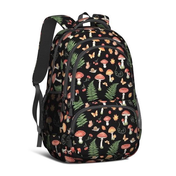 Mushroom and Butterfly Black Pattern Cute School Backpack Bag with Padded Back and Adjustable Shoulder Straps 16.9 X 12.6 X 5.9 Inches