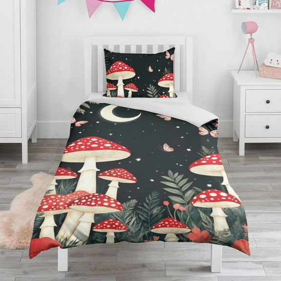 Mushroom and Butterfly Duvet Cover and Pillowcase Set for Single Bedding, Bedroom Accessories for Kids Teens