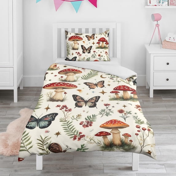 Mushroom and Butterfly Duvet Cover and Pillowcase Set for Single Bedding, Bedroom Accessories for Kids Teens