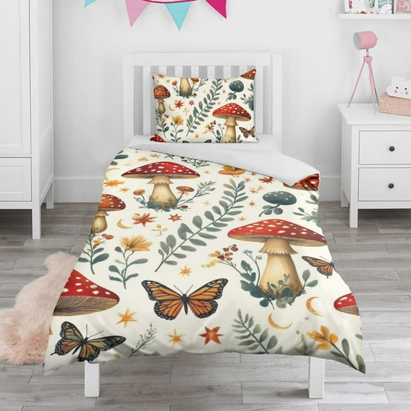 Mushroom and Butterfly Duvet Cover and Pillowcase Set for Single Bedding, Bedroom Accessories for Kids Teens