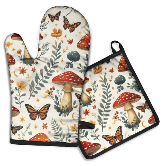 Mushroom and Butterfly Kitchen Oven Mitt and Pot Holder Sets 2 Pcs for Baking, Cooking and Grilling, Heat Resistant Up To 392 °F