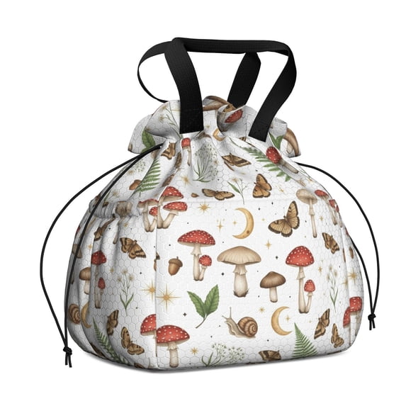 Mushroom and Butterfly White Pattern Drawstring Insulated Lunch Bag for Women, Stain-Resistant Large Lunch Tote with Multi-Pockets for Work Office