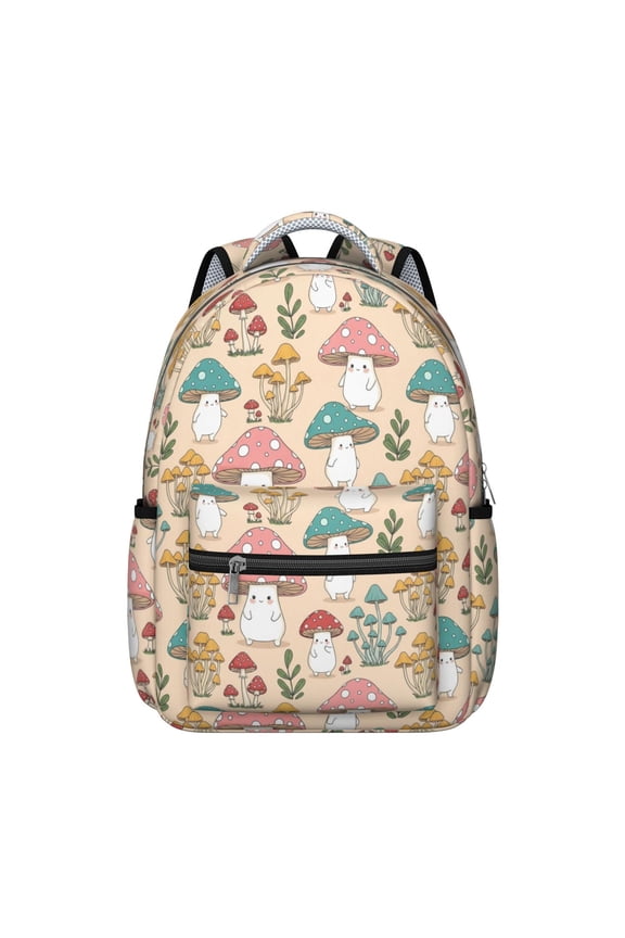 Mushroom and Character Beige Pattern Backpack for School, Cute School Bag with Adjustable Shoulder Straps and Padded Back, 15.3"x11"x7.1"