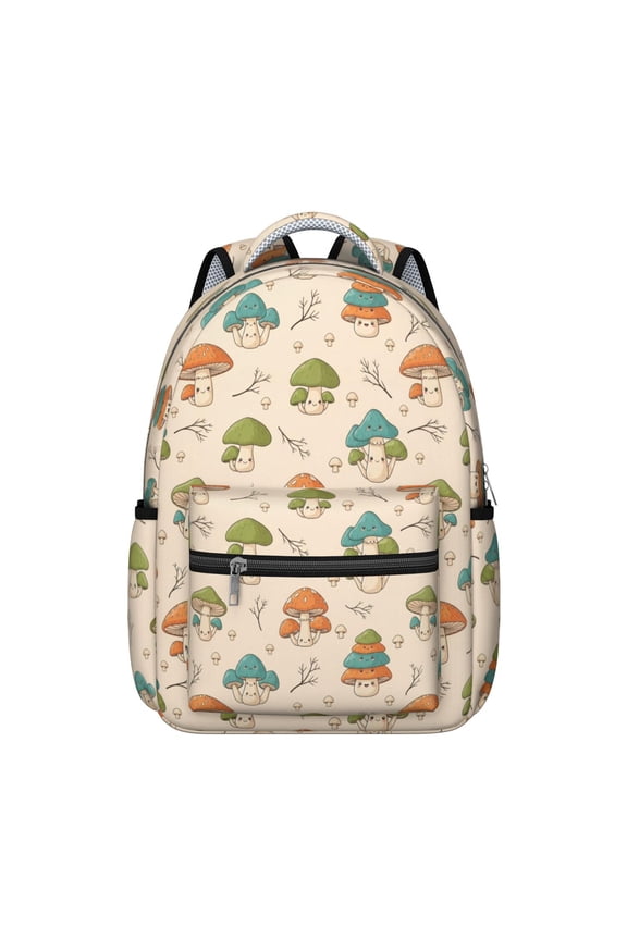 Mushroom and Character Beige Pattern Backpack for School, Cute School Bag with Adjustable Shoulder Straps and Padded Back, 15.3"x11"x7.1"