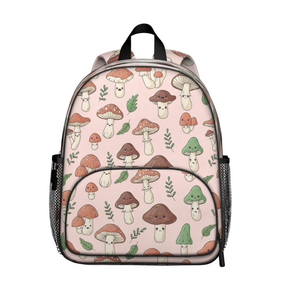 Mushroom and Character Pink Pattern Backpack for School, Cute School Bag with Adjustable Shoulder Straps and Padded Back, 13.8"x11.4"x6"