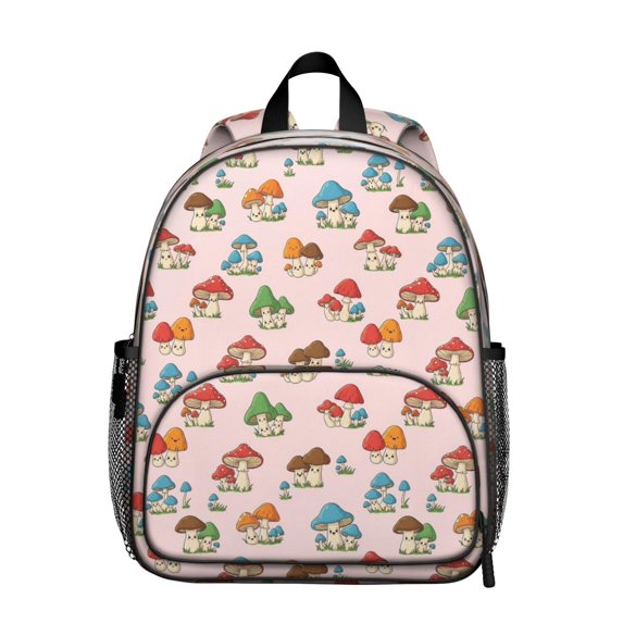 Mushroom and Character Pink Pattern Backpack for School, Cute School Bag with Adjustable Shoulder Straps and Padded Back, 13.8"x11.4"x6"
