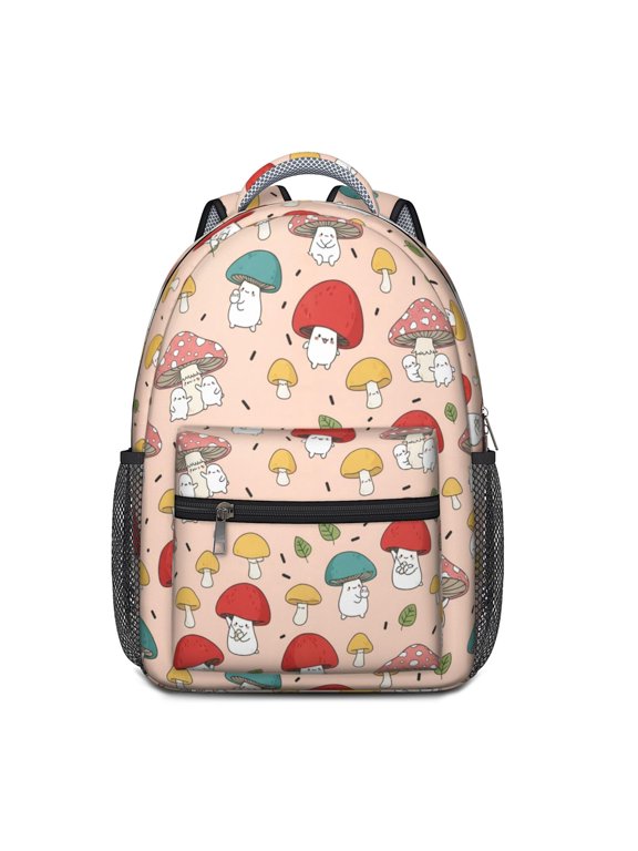 Mushroom and Character Pink Pattern Backpack for School, Cute School Bag with Adjustable Shoulder Straps and Padded Back, 15.3"x11"x6.7"