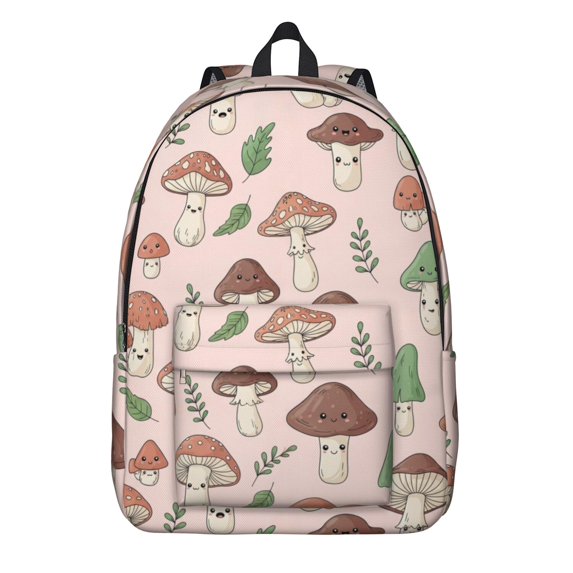 Mushroom and Character Pink Pattern Backpack for School, Cute School Bag with Adjustable Shoulder Straps and Padded Back, 15.7"x11.8"x5.5"