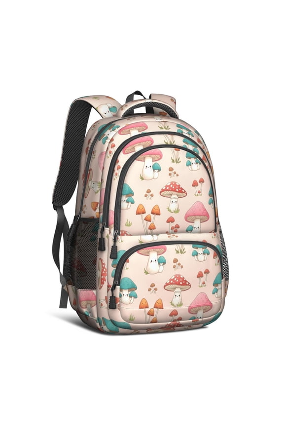 Mushroom and Character Pink Pattern Backpack for School, Cute School Bag with Adjustable Shoulder Straps and Padded Back, 16.9"x12.6"x5.9"