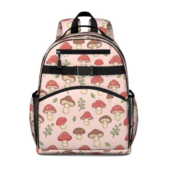 Mushroom and Character Pink Pattern Cute School Backpack Bag for School with Padded Back and Adjustable Shoulder Straps 15.25"x11.5"x5.25"