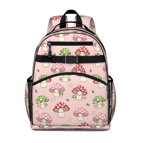 Mushroom and Character Pink Pattern Cute School Backpack Bag for School with Padded Back and Adjustable Shoulder Straps 15.25"x11.5"x5.25"