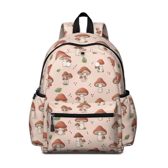 Mushroom and Character Pink Pattern Cute School Backpack with Padded Back and Adjustable Shoulder Straps 13.4"x11"x4.7"