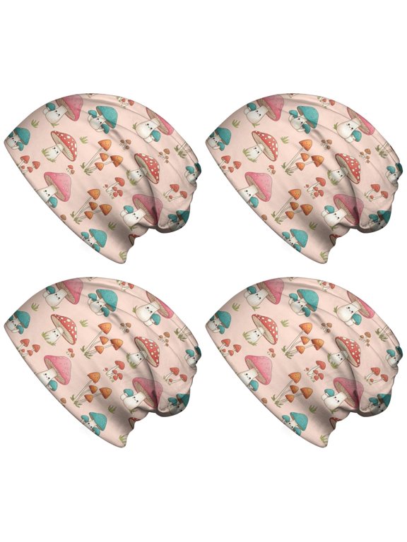 Mushroom and Character Pink Pattern Slouchy Beanie Unisex 4 Pack,Soft and Flexible,Chemo Headwear Sleep,Dual Use,Cap Scarf