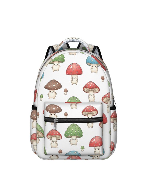 Mushroom and Character White Pattern Backpack for School, Cute School Bag with Adjustable Shoulder Straps and Padded Back, 15.3"x11"x7.1"