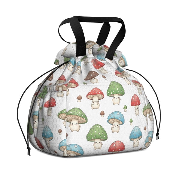 Mushroom and Character White Pattern Drawstring Insulated Lunch Bag for Women, Stain-Resistant Large Lunch Tote with Multi-Pockets for Work Office