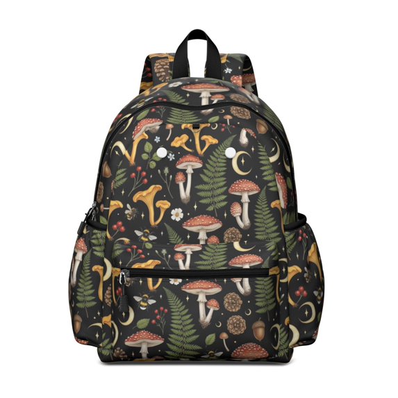 Mushroom and Cone Black Pattern Backpack for School, Cute School Bag with Adjustable Shoulder Straps and Padded Back, 13.4"x11"x4.7"
