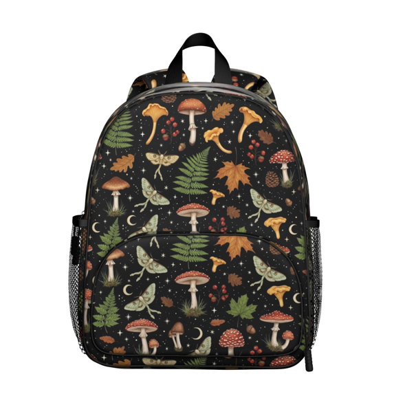 Mushroom and Cone Black Pattern Backpack for School, Cute School Bag with Adjustable Shoulder Straps and Padded Back, 13.8"x11.4"x6"
