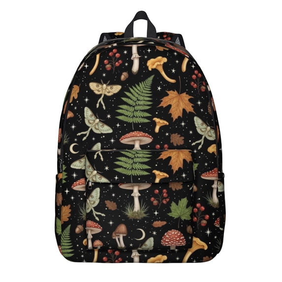 Mushroom and Cone Black Pattern Backpack for School, Cute School Bag with Adjustable Shoulder Straps and Padded Back, 15.7"x11.8"x5.5"