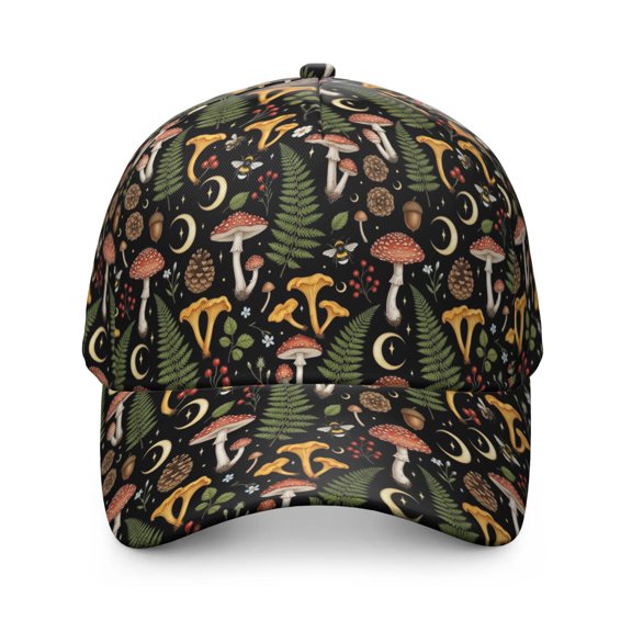 Mushroom and Cone Black Pattern Baseball Cap, Sports Sun Cap with Snap Closure & Sweatband, Polyester Construction Gifts for Sports Outdoor Travel