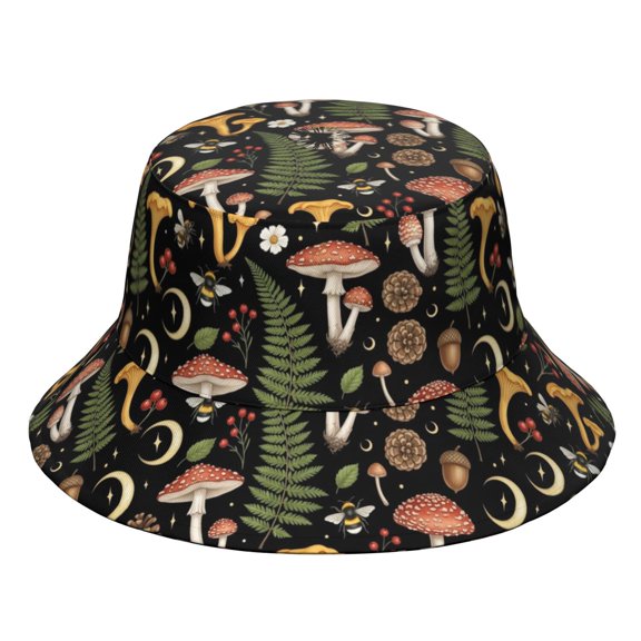Mushroom and Cone Black Pattern Bucket Hat, Outdoor Sun Hat with Wide Brim & Breathable Fabric, Foldable Design Gifts for Unisex Men Women