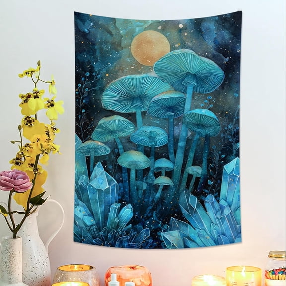 Mushroom and Crystal Blue Tapestry, Celestial Decorative Wall Hanging, Enchanted Aesthetic for Bedroom, Living Room, Dorm 30x40 Inch
