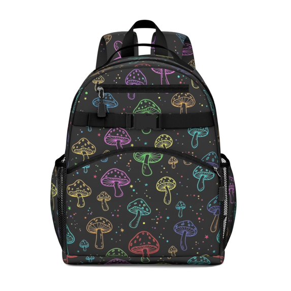 Mushroom and Dots Black Pattern Cute School Backpack Bag for School with Padded Back and Adjustable Shoulder Straps 15.25"x11.5"x5.25"