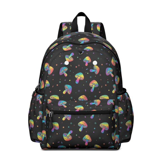 Mushroom and Dots Black Pattern Cute School Backpack with Padded Back and Adjustable Shoulder Straps 13.4"x11"x4.7"