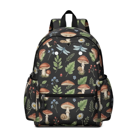 Mushroom and Dragonfly Black Pattern Backpack for School, Cute School Bag with Adjustable Shoulder Straps and Padded Back, 13.4"x11"x4.7"