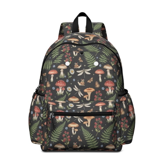 Mushroom and Dragonfly Black Pattern Backpack for School, Cute School Bag with Adjustable Shoulder Straps and Padded Back, 13.4"x11"x4.7"