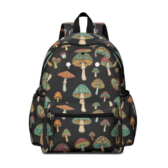 Mushroom and Eye Black Pattern Cute School Backpack with Padded Back and Adjustable Shoulder Straps 13.4"x11"x4.7"