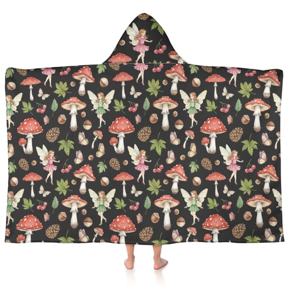 Mushroom and Fairy Black Pattern Teens Hooded Bath Towel Wrap for Ages 3 To 12,Quick Dry Lightweight Soft Microfiber Bath Beach Pool,60"x35"