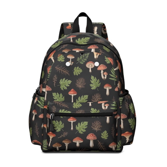 Mushroom and Fern Black Pattern Backpack for School, Cute School Bag with Adjustable Shoulder Straps and Padded Back, 13.4"x11"x4.7"