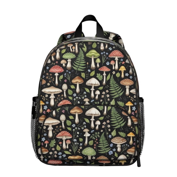 Mushroom and Fern Black Pattern Backpack for School, Cute School Bag with Adjustable Shoulder Straps and Padded Back, 13.8"x11.4"x6"