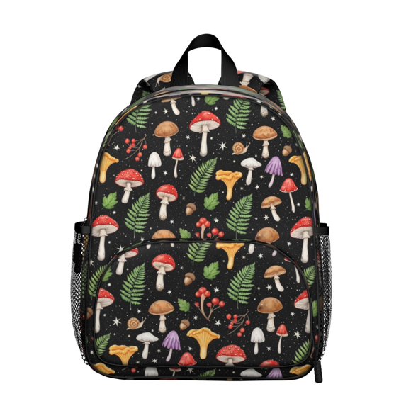 Mushroom and Fern Black Pattern Backpack for School, Cute School Bag with Adjustable Shoulder Straps and Padded Back, 13.8"x11.4"x6"