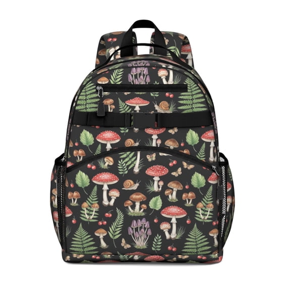 Mushroom and Fern Black Pattern Backpack for School, Cute School Bag with Adjustable Shoulder Straps and Padded Back, 15.25"x11.5"x5.25"