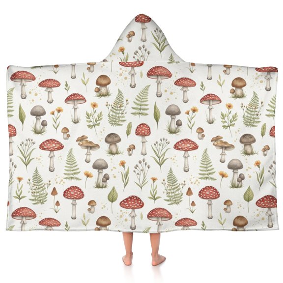 Mushroom and Fern White Pattern Teens Hooded Bath Towel Wrap for Ages 3 To 12,Quick Dry Lightweight Soft Microfiber Bath Beach Pool,50"x30"