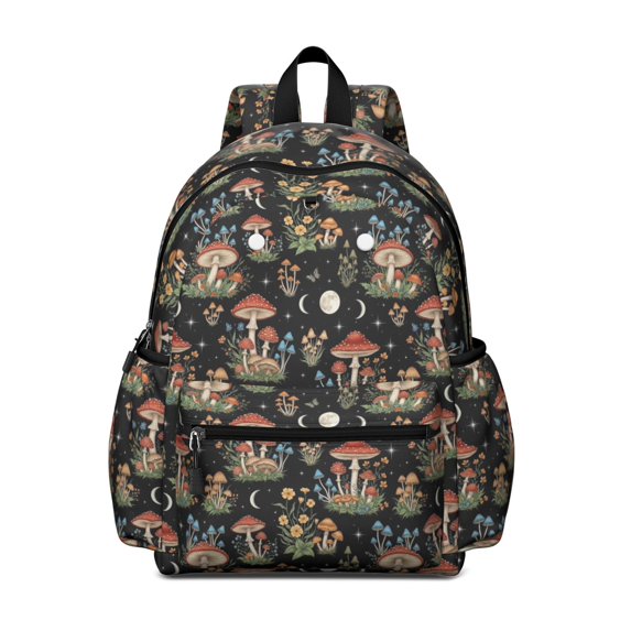 Mushroom and Flower Black Pattern Backpack for School, Cute School Bag with Adjustable Shoulder Straps and Padded Back, 13.4"x11"x4.7"