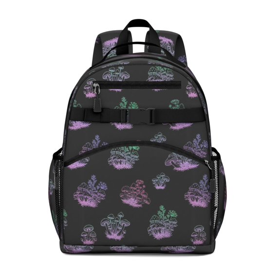 Mushroom and Flower Black Pattern Cute School Backpack Bag for School with Padded Back and Adjustable Shoulder Straps 15.25"x11.5"x5.25"
