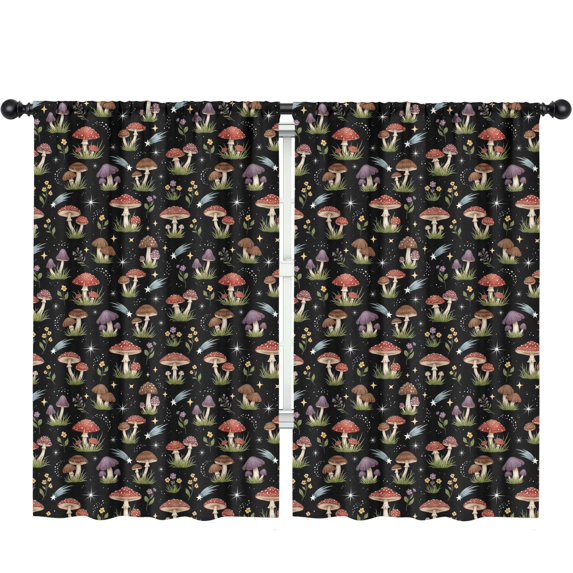 Mushroom and Flower Black Pattern Insulated Teens Curtains Set Of 2, Bedroom Essentials, Toddler Room Decor 52"x84"