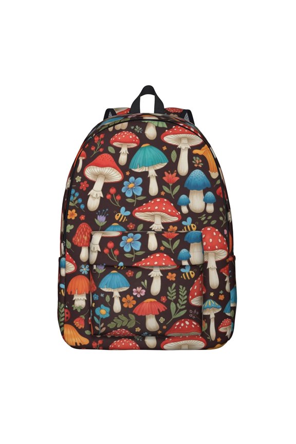 Mushroom and Flower Brown Pattern Backpack for School, Cute School Bag with Adjustable Shoulder Straps and Padded Back, 15.7"x11.8"x5.5"