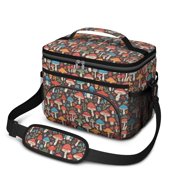 Mushroom and Flower Brown Pattern Insulated Lunch Box for Women Men, Medium Leakproof Cooler Bag with Adjustable Strap, 10"x6.7"x8"