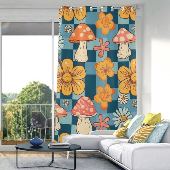 Mushroom and Flower Grids Blackout Curtain Panels Drapes Privacy Assured with Light Filtering Curtains for Living room Bedroom Bathroom Window