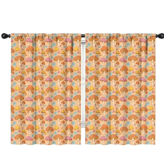 Mushroom and Flower Orange Pattern Insulated Teens Curtains Set Of 2, Bedroom Essentials, Toddler Room Decor 42"x63"