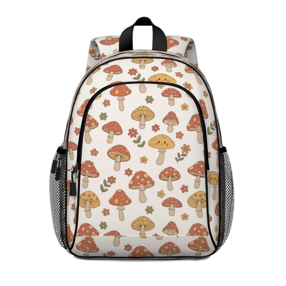 Mushroom and Flower White Pattern Backpack for School, Cute School Bag with Adjustable Shoulder Straps and Padded Back, 15"x11.42"x5.5"