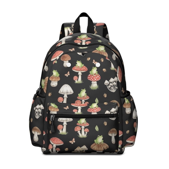 Mushroom and Frog Black Pattern Backpack for School, Cute School Bag with Adjustable Shoulder Straps and Padded Back, 13.4"x11"x4.7"