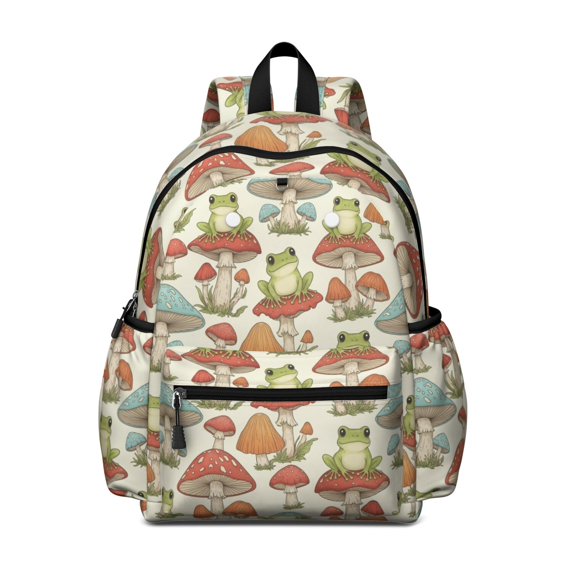 Mushroom and Frog Cream Pattern Backpack for School, Cute School Bag with Adjustable Shoulder Straps and Padded Back, 13.4"x11"x4.7"