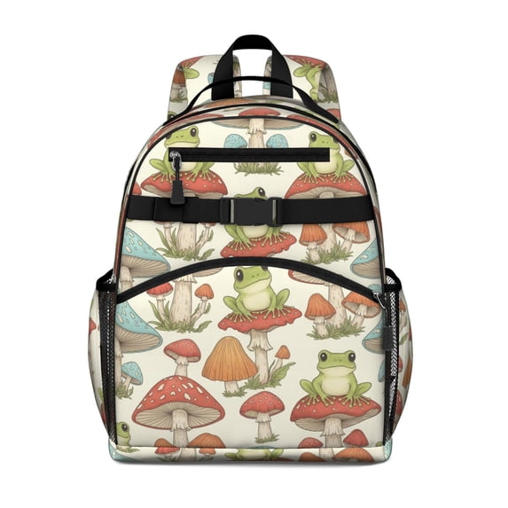 Mushroom and Frog Cream Pattern Backpack for School, Cute School Bag with Adjustable Shoulder Straps and Padded Back, 15.25"x11.5"x5.25"