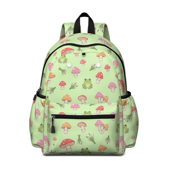 Mushroom and Frog Green Pattern Backpack for School, Cute School Bag with Adjustable Shoulder Straps and Padded Back, 13.4"x11"x4.7"
