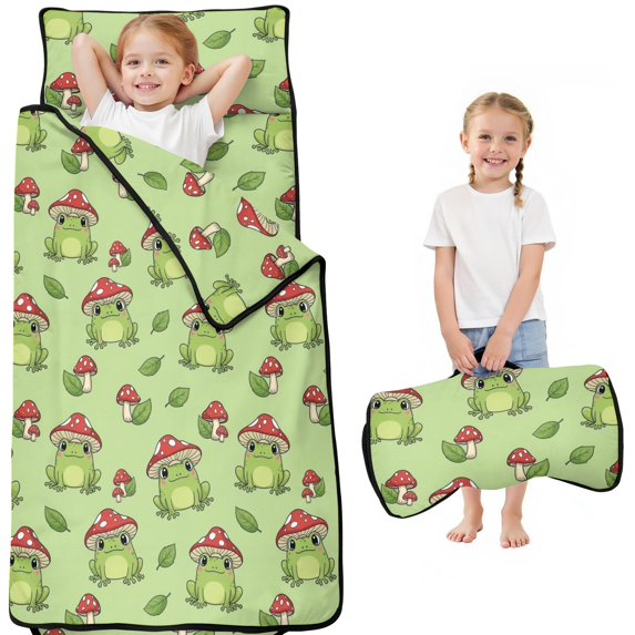 Mushroom and Frog Green Pattern Teens Toddler Nap Mat with Pillow, Sleeping Mat Bag for Preschool Daycare 51"x22"